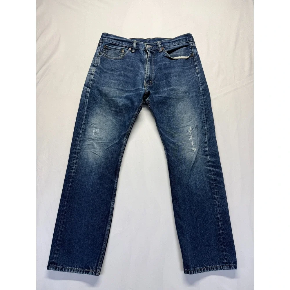 Levi's 505 Jeans Mens 36x32 Blue Denim Whiskered Logo Straight Leg Streetwear